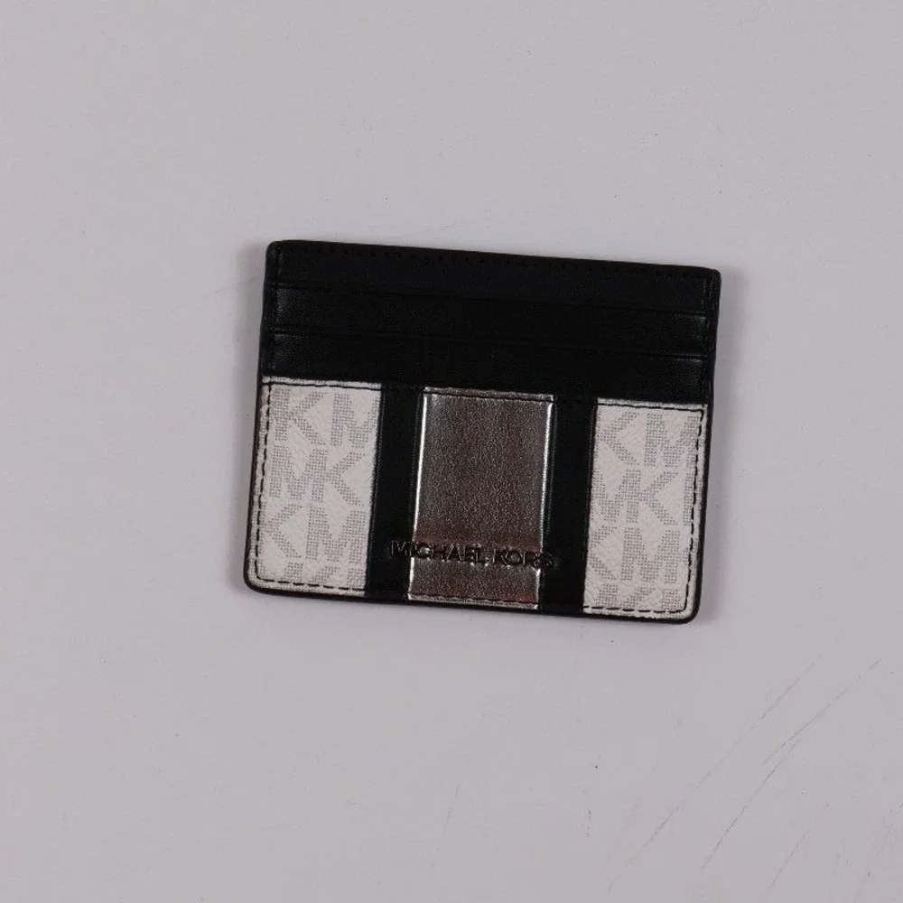 Michael Kors Card Holder Wallet Greyson Logo Black White Leather NWT